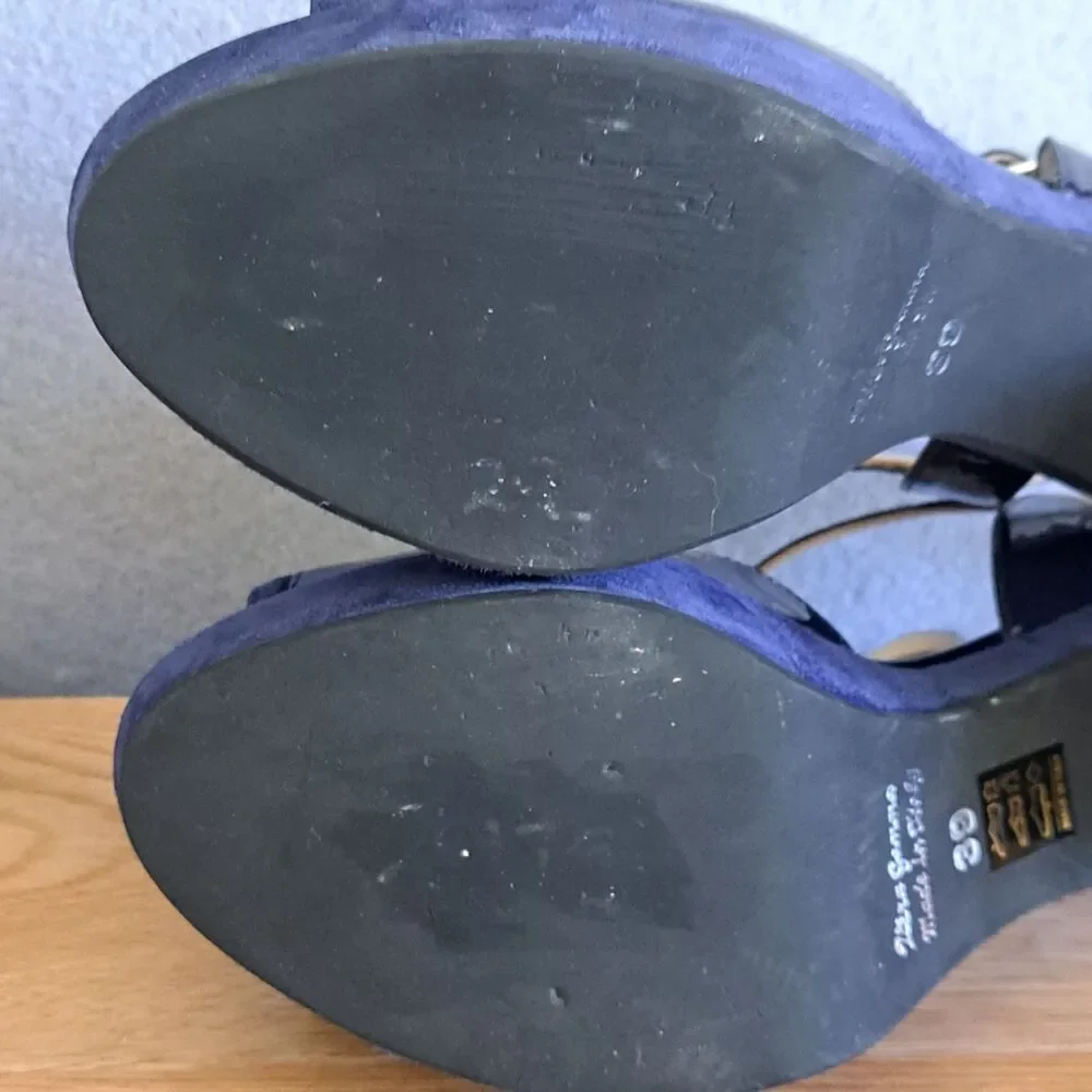 Vernissage Blue Suede Sandals Leather Slingback Heels Womens 9 US 39 EU T-Strap